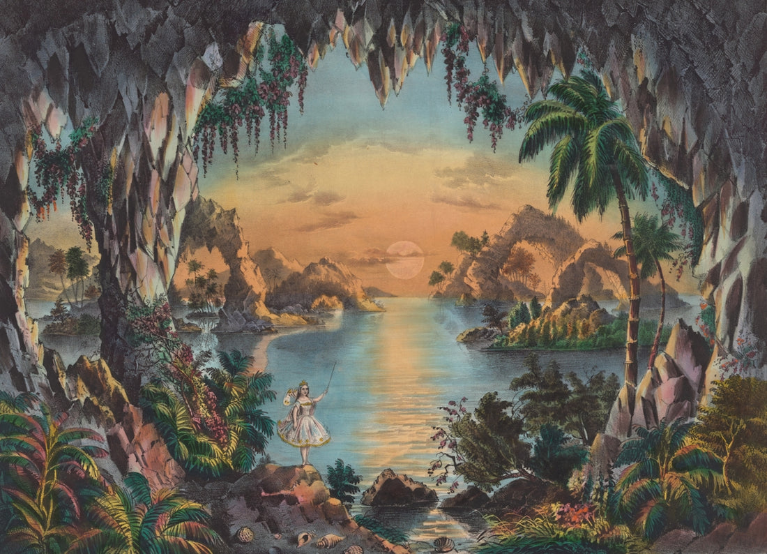 fairy with wand standing on rock near body of water viewing mountain clip art